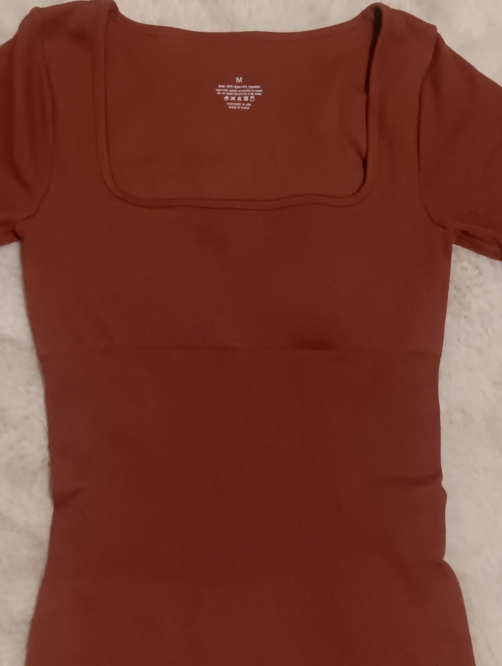 Seamless Ribbed Square Neck Long Sleeve Workout Jumpsuit Rust Brown Size M
